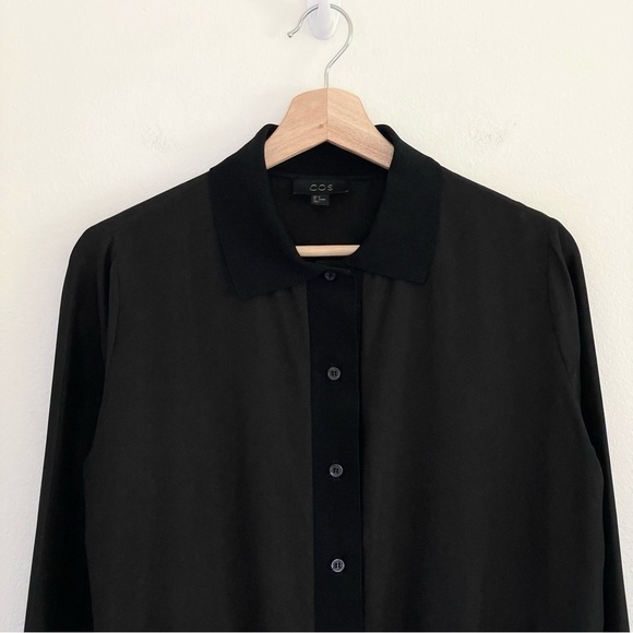 COS Knit Trim Silk Button Front Long Sleeve Top Black 4 XS / Small - Picture 3 of 13